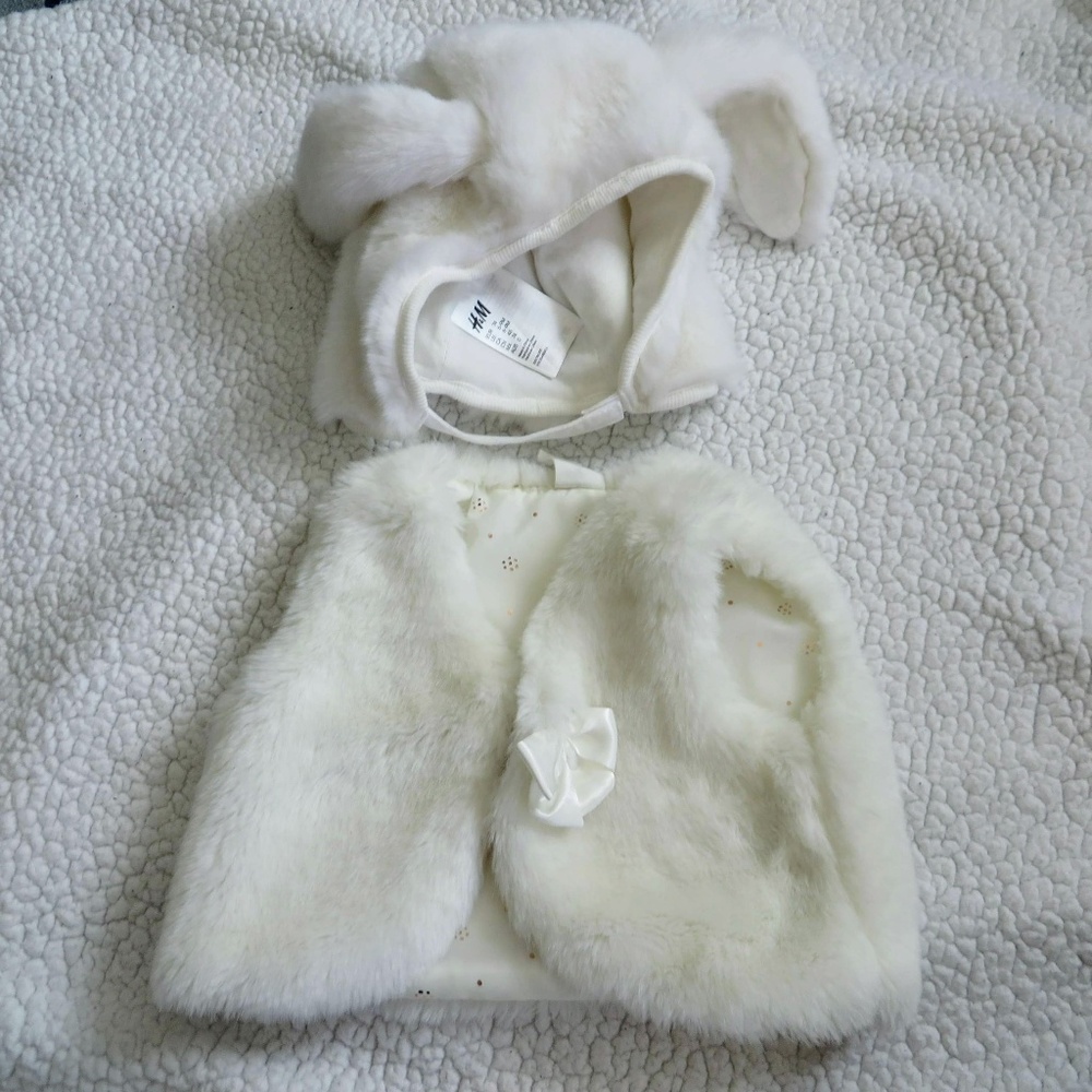 H&M Baby Bunny Vest & Bonnet Set Faux Fur 6-9M